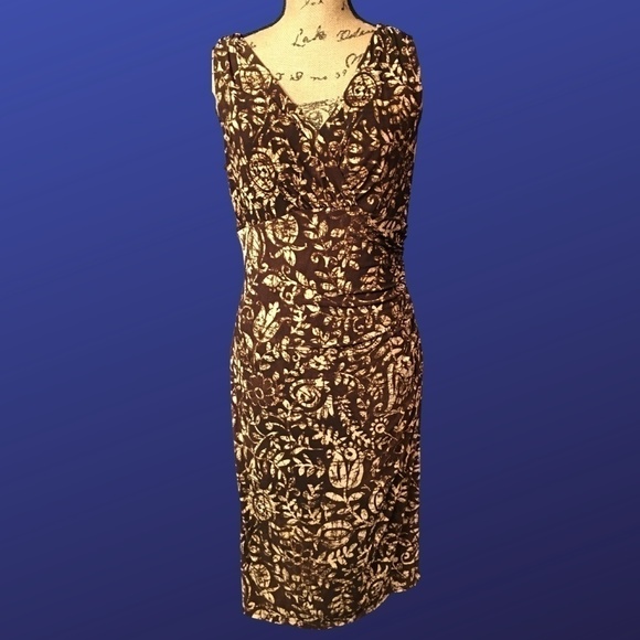 LAUREN RALPH LAUREN Empire Ruched Dress, BROWN/CREAM “BATIK” FLORAL, Size M, EUC